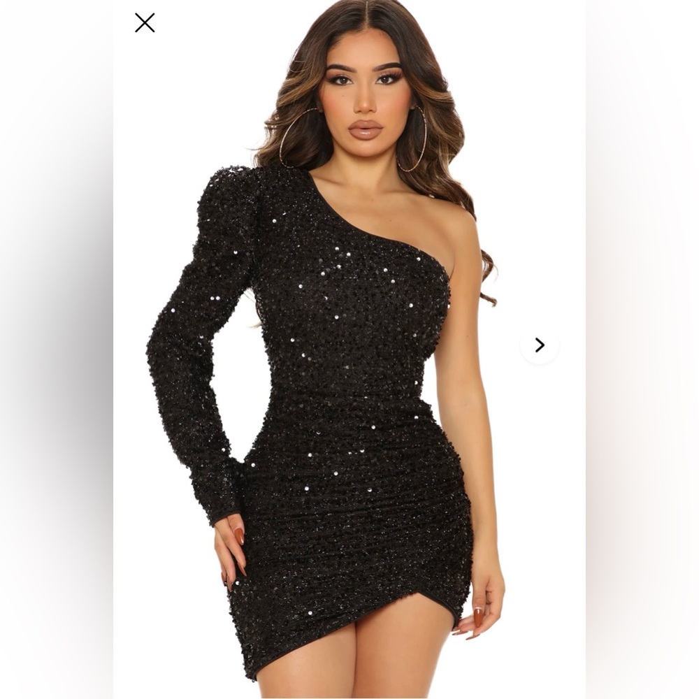 Fashion Nova Sparkling Black One-Shoulder Dress. Mini dress